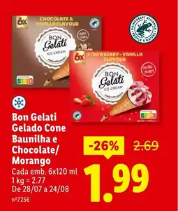 Lidl Bon Gelati Gelado Cone Baunilha e Chocolate/ Morango promoção