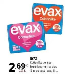 Coviran EVAX Cottonlike pensos higiénicos normal alas 19 u. ou super alas 14 u. promoção