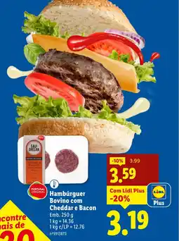 Lidl Hambúrguer de Bovino com Queijo Cheddar e Bacon promoção