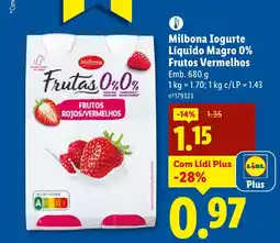 Lidl Milbona Iogurte Líquido Magro 0% Frutos Vermelhos promoção