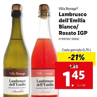 Lidl Villa Bonaga Lambrusco dell'Emilia Bianco/Rosato IGP 0,75L promoção
