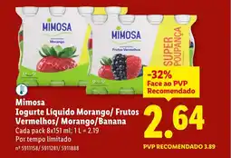 Lidl Mimosa Iogurte Líquido Morango/ Frutos Vermelhos/Morango/Banana promoção