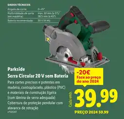 Lidl Parkside Serra Circular 20 V sem Bateria promoção