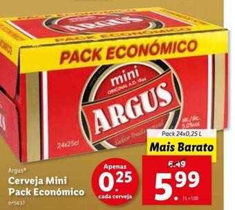 Lidl Argus Cerveja Mini Pack Económico 24x0,25L promoção