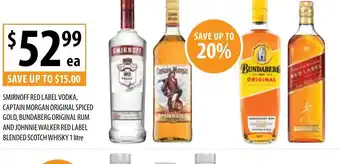 Lidl Smirnoff Red Label Vodka, Captain Morgan Original Spiced Gold, Bundaberg Original Rum and Johnnie Walker Red Label1 L promoção