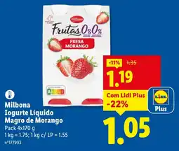 Lidl Milbona Iogurte Líquido Magro de Morango promoção