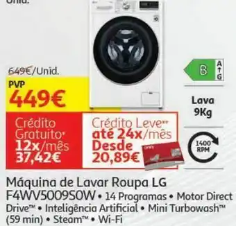 Auchan Maquina lavar roupa lg f4wv5009s0w 9kg - classe eficiência energética b -1400 rpm - 14 programas - motor direct drive™-intel promoção