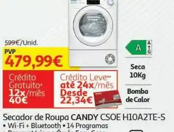 Secador roupa candy:csoe h10a2te-s 10kg - smart pro - bomba calor - a++- wifi+bluetooh - 14 programas- reservatório no óculo 