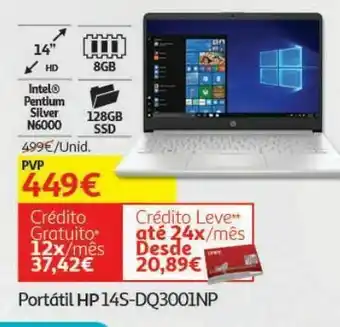 Auchan Pc portátil hp 14s-dq3001np ecrã: 14" hd / processador: intel pentium silver n6000 / 8gb / 128 gb ssd promoção