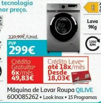Auchan Máquina lavar roupa qilive: 600085262 9kg -1200rpm - cl. e - look inox - 15 programas promoção
