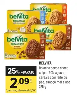 Coviran BELVITA Bolacha cocoa choco chips, -30% açucar, cereais com leite ou peq. almoço mel e noz promoção
