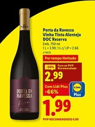 Lidl Porta da Ravessa Vinho Tinto Alentejo DOC Reserva promoção