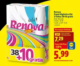 Lidl Renova Papel Higiénico Olé 2 Folhas 38+10 grátis promoção