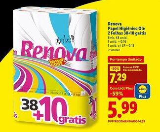 Lidl Renova Papel Higiénico Olé 2 Folhas 38+10 grátis promoção