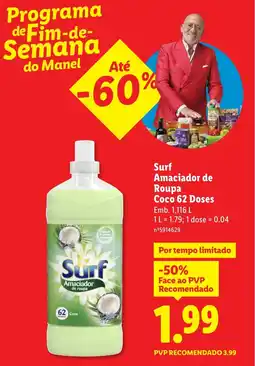 Lidl Surf Amaciador de Roupa Coco 62 Doses promoção