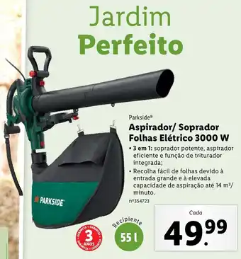 Lidl Parkside Aspirador/ Soprador Folhas Elétrico 3000W 55L promoção