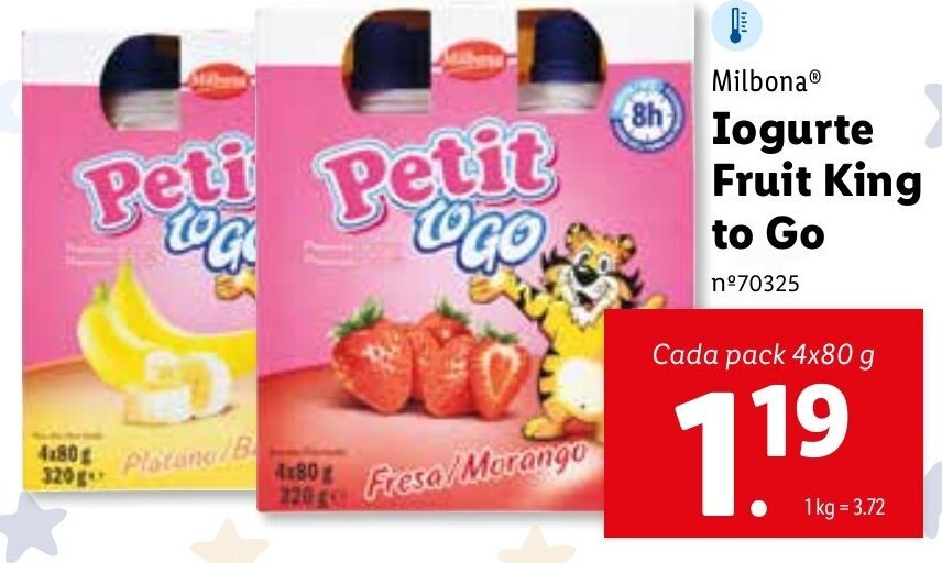 Promoção Milbona Iogurte Fruit King to Go 4 x 80g em Lidl