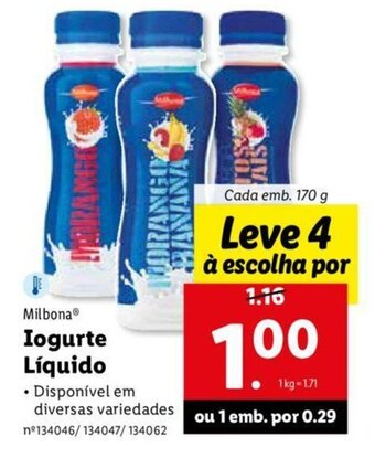 Lidl Milbona Iogurte Líquido 170g promoção