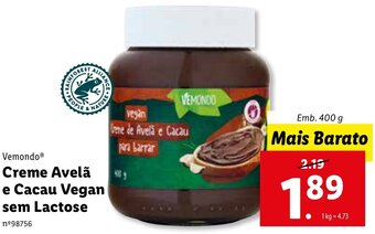 Lidl Vemondo Creme Avelã e Cacau Vegan sem Lactose 400g promoção
