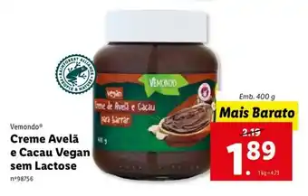 Lidl Vemondo Creme Avelã e Cacau Vegan sem Lactose 400g promoção