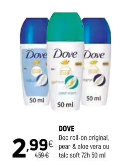 Coviran DOVE Deo roll-on original, pear & aloe vera ou talc soft 72h promoção