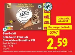 Lidl Bon Gelati Gelado em Cones de Chocolate e Baunilha XXL promoção