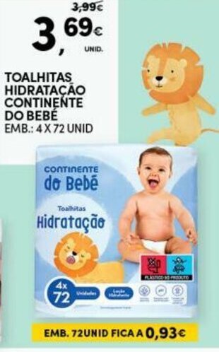 Continente Toalhitas Hidratação Continente do Bebé 4 x 72 Unid promoção