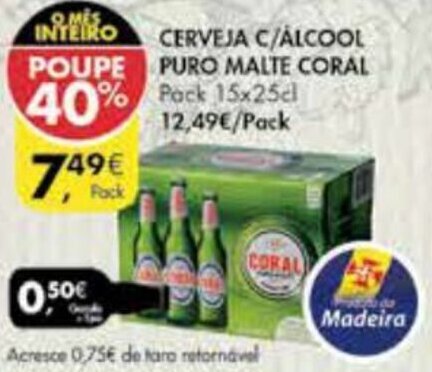 Pingo Doce Cerveja C/ Álcool Malte Coral 15 x 25cl promoção