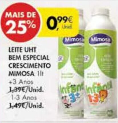 Pingo Doce Leite UHT Bem Espacial Crescimento Mimosa 1lt promoção