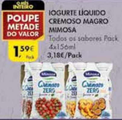 Pingo Doce Iogurte Líquido Cremoso Magro Mimosa 4 x 156ml promoção