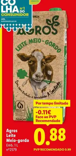 Lidl Agros Leite Meio-gordo promoção
