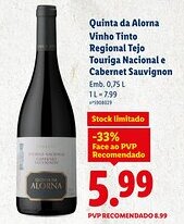 Lidl Quinta da Alorna Vinho Tinto Regional Tejo Touriga Nacional e Cabernet Sauvignon promoção