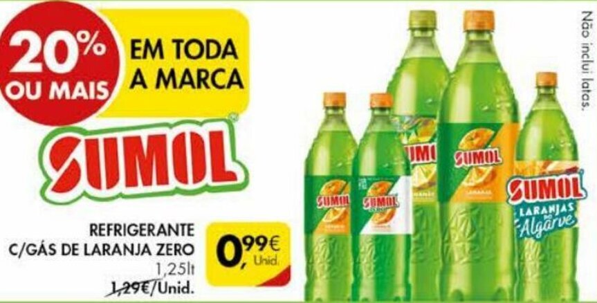 Pingo Doce Sumol Refrigerante com Gás Laranja Zero 1,25L promoção