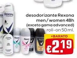 Bolama desodorizante Rexona men/women 48h (exceto gama advanced) roll-on promoção