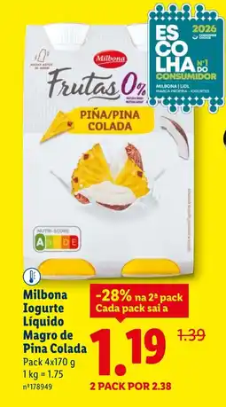 Lidl Milbona Iogurte Líquido Magro de Pina Colada promoção