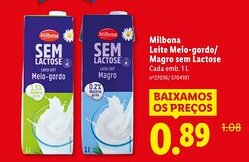 Lidl Milbona Leite Meio-gordo/ Magro sem Lactose Cada promoção