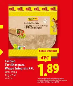 Lidl Tastino Tortilla/Tortilha Tortilhas para Wraps Integrais XXL promoção