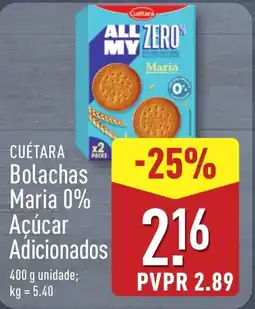ALDI CUÉTARA Bolachas Maria 0% Acúcar AdicionadoCUÉTARA x2 Bolachas Maria 0% Acúcar Adicionados promoção