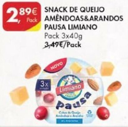 Pingo Doce snack de Quiejo Amêndoas & Arandos Pausa Limiano 3x40g promoção