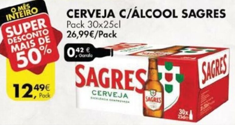 Pingo Doce Cerveja c/Álcool Sagres 30x25cl promoção