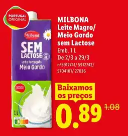 Lidl MILBONA Leite Magro/ Meio Gordo sem Lactose promoção