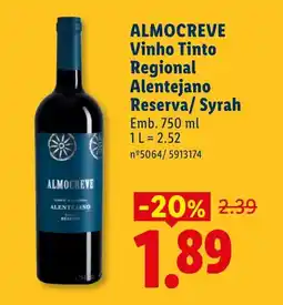 Lidl ALMOCREVE Vinho Tinto Regional Alentejano Reserva/Syrah promoção