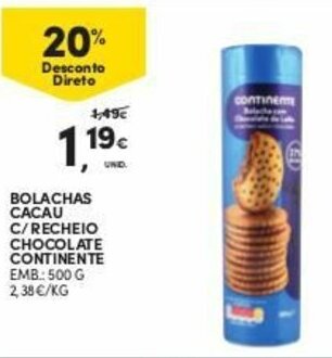 Bolachas Cacau c/Recheio Chocolate Continente 500g