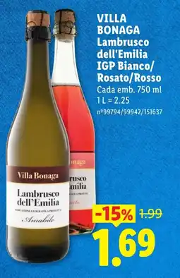 Lidl VILLA BONAGA Lambrusco dell'Emilia IGP Bianco/ Rosato/Rosso Cada promoção