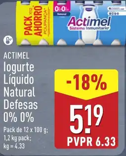 ALDI ACTIMEL logurte Líquido Natural Defesas 0% 0% promoção