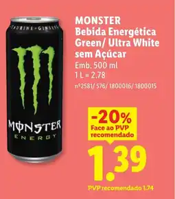 Lidl MONSTER Bebida Energética Green/Ultra White sem Açúcar promoção