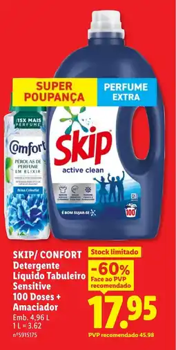 Lidl SKIP/CONFORT Detergente Líquido Tabuleiro Sensitive 100 Doses + Amaciador promoção