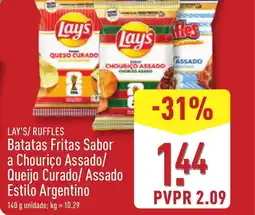 ALDI LAY'S/ RUFFLES Batatas Fritas Sabor a Chouriço Assado/ Queijo Curado/ Assado Estilo Argentino promoção