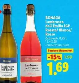 Lidl BONAGA Lambrusco dell'Emilia IGP Rosato/ Bianco/ Rosso promoção