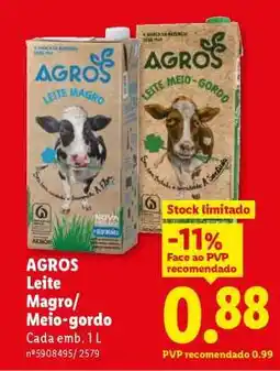 Lidl Agros Leite Magro/Meio-gordo promoção